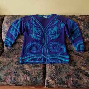 Rare, vintage 80s, 3-D, thick cotton, handmade sweater, M, flowers/geometric
